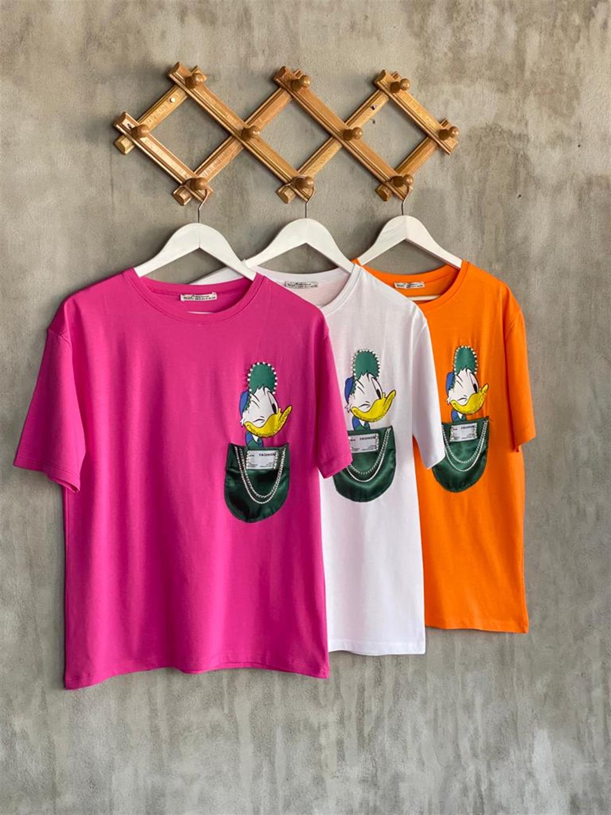 Saten Cep Taş İşlemeli Daffy Duck Kadın Tişört (Beyaz)