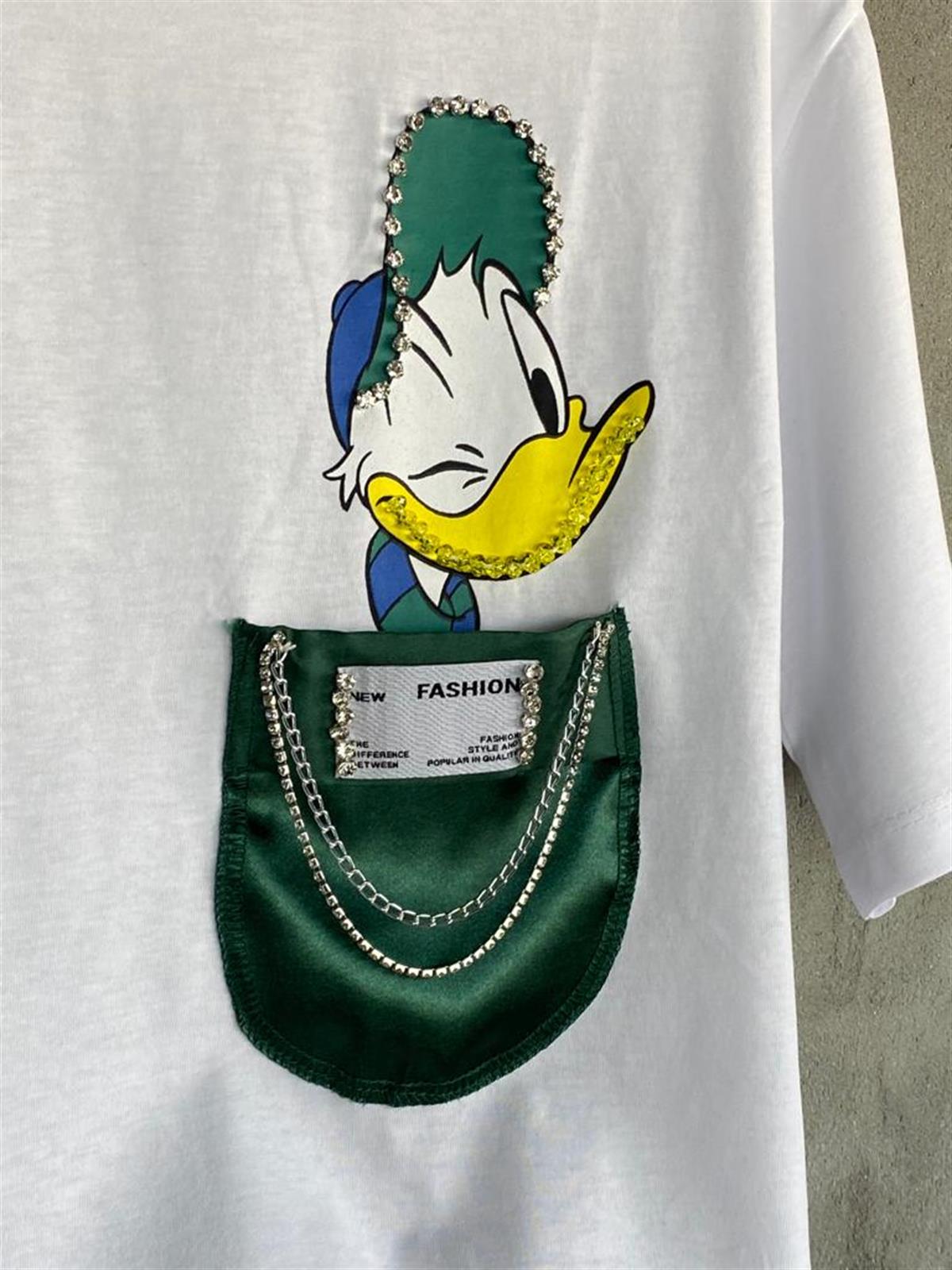 Saten Cep Taş İşlemeli Daffy Duck Kadın Tişört (Beyaz)