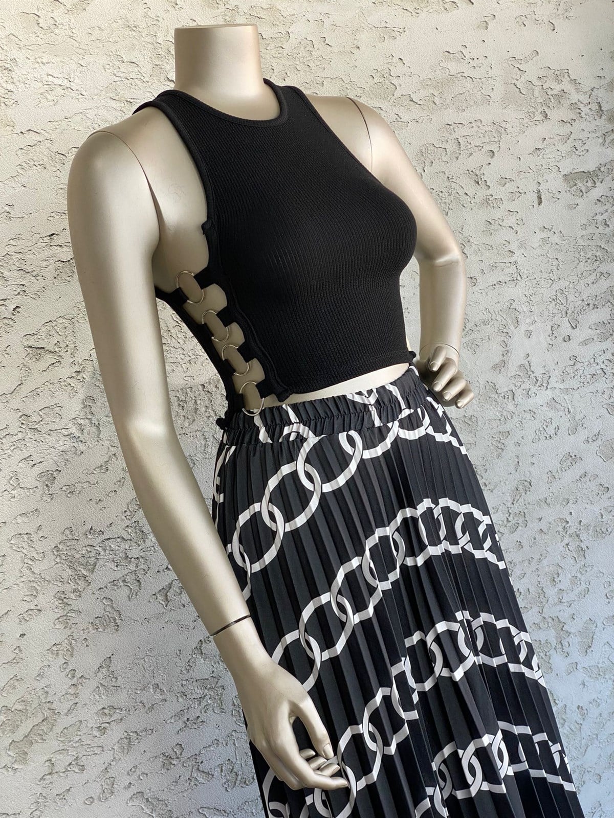 Saten Kumaş Zincir Desenli Beli Lastikli Maxi Boy Etek (Siyah)