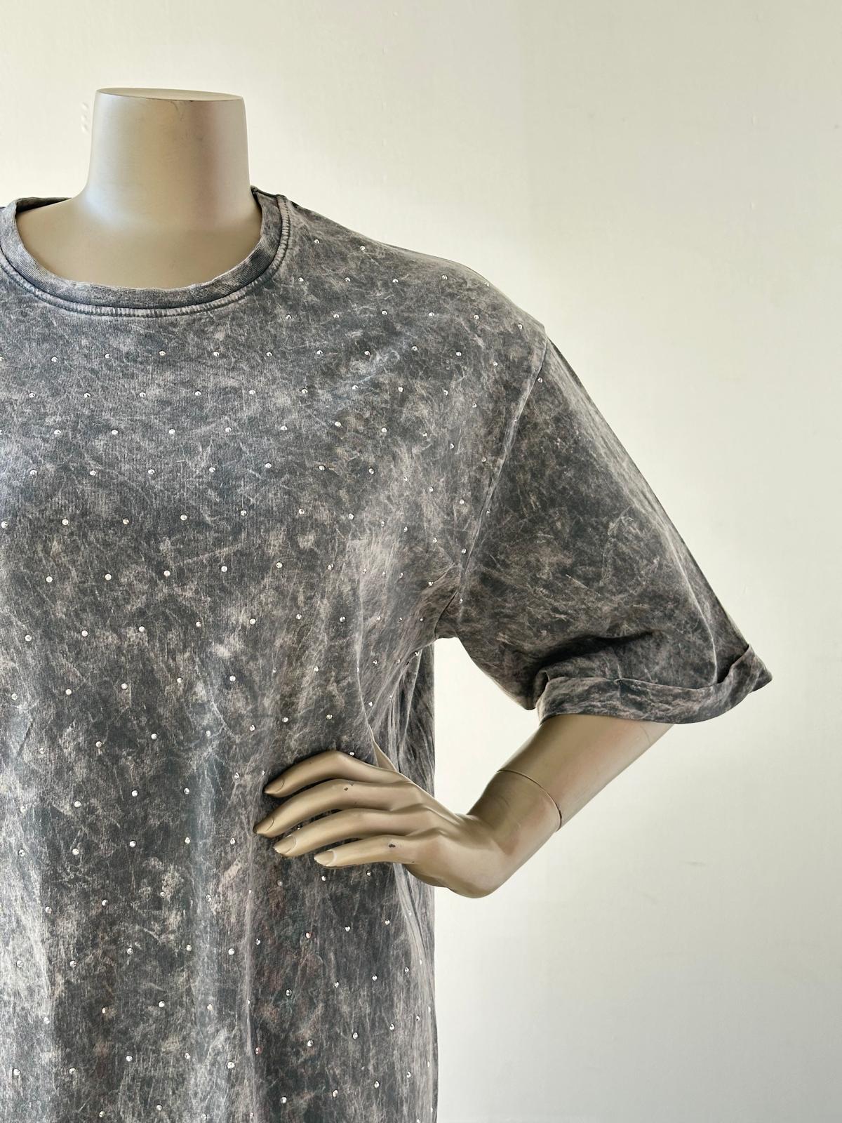 Serpme Taş İşçilikli Taş Yıkamalı Oversize Elbise (Gri)