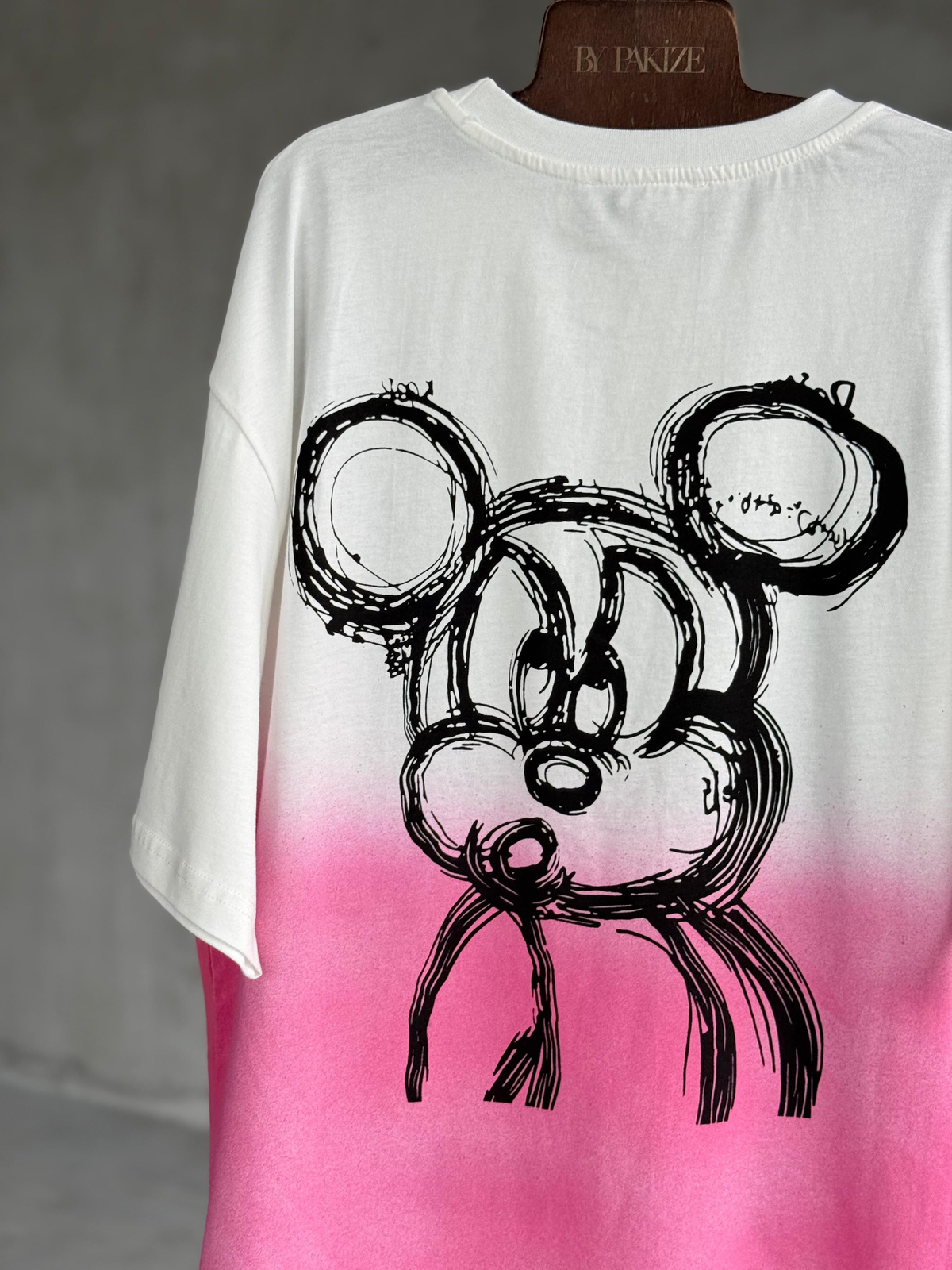 Sırt Baskı Detaylı Taş Yıkama Oversize Tişört (Pembe)