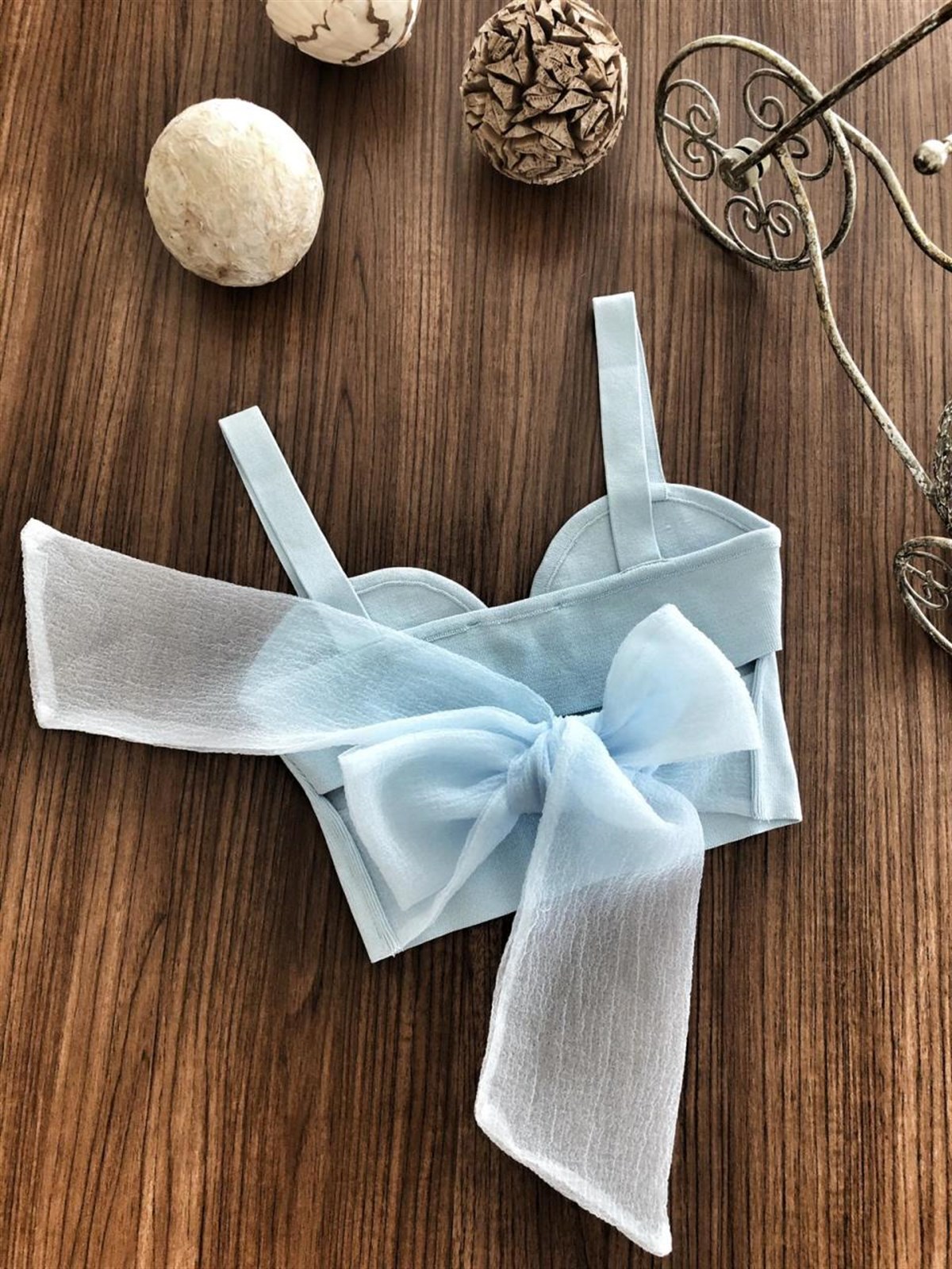 Sırtı Bağlama Detaylı Triko Bustiyer (BEBE MAVİSİ)