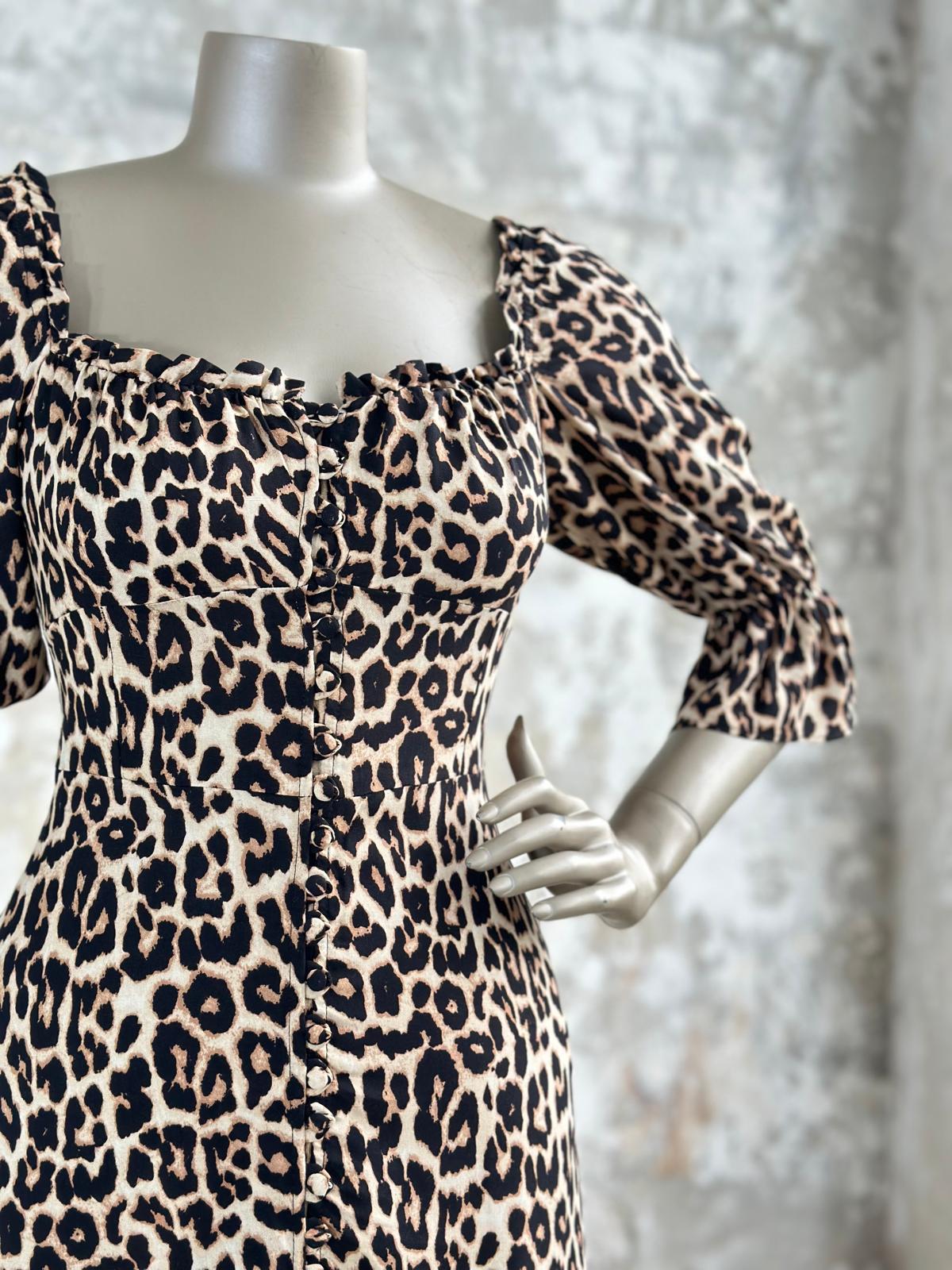 Sırtı Gipeli Leopar Desen Kadın Elbise (Siyah)
