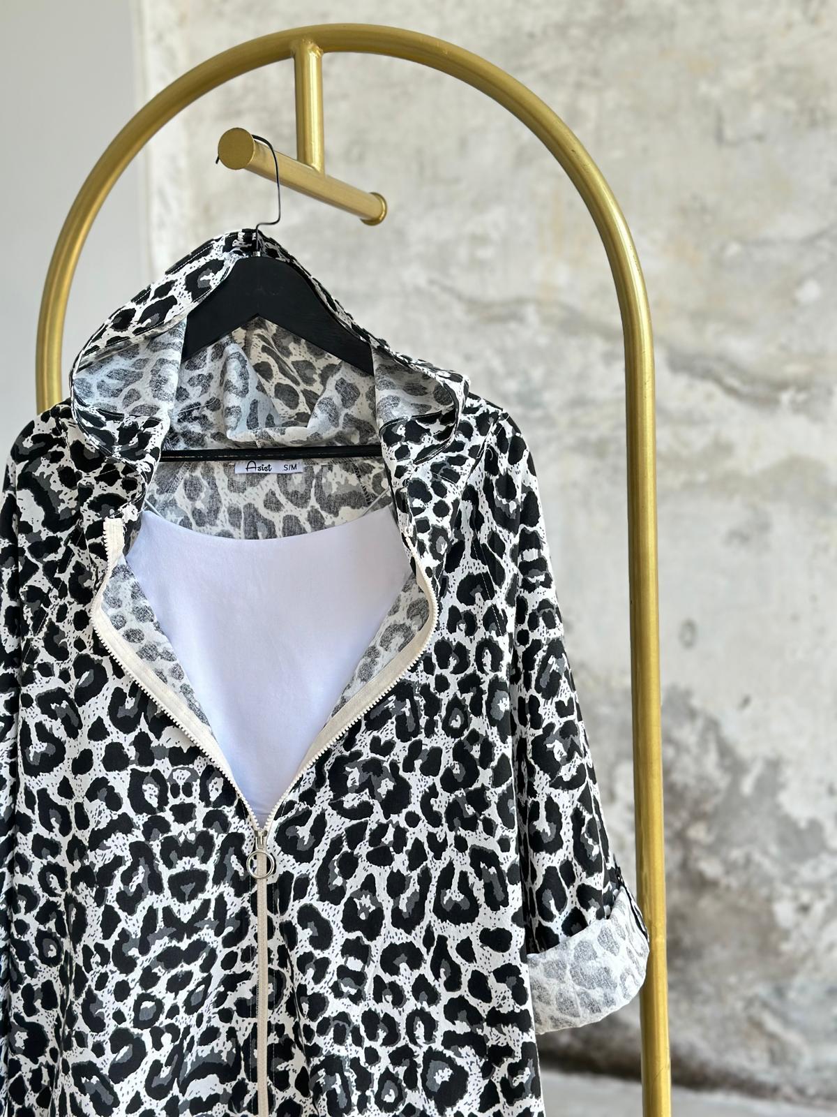 Siyah  Leopar Desen Ham Keten Ceket