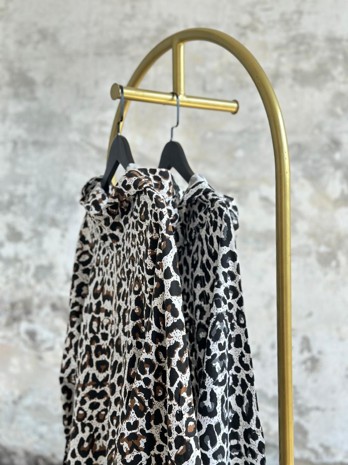 Siyah  Leopar Desen Ham Keten Ceket
