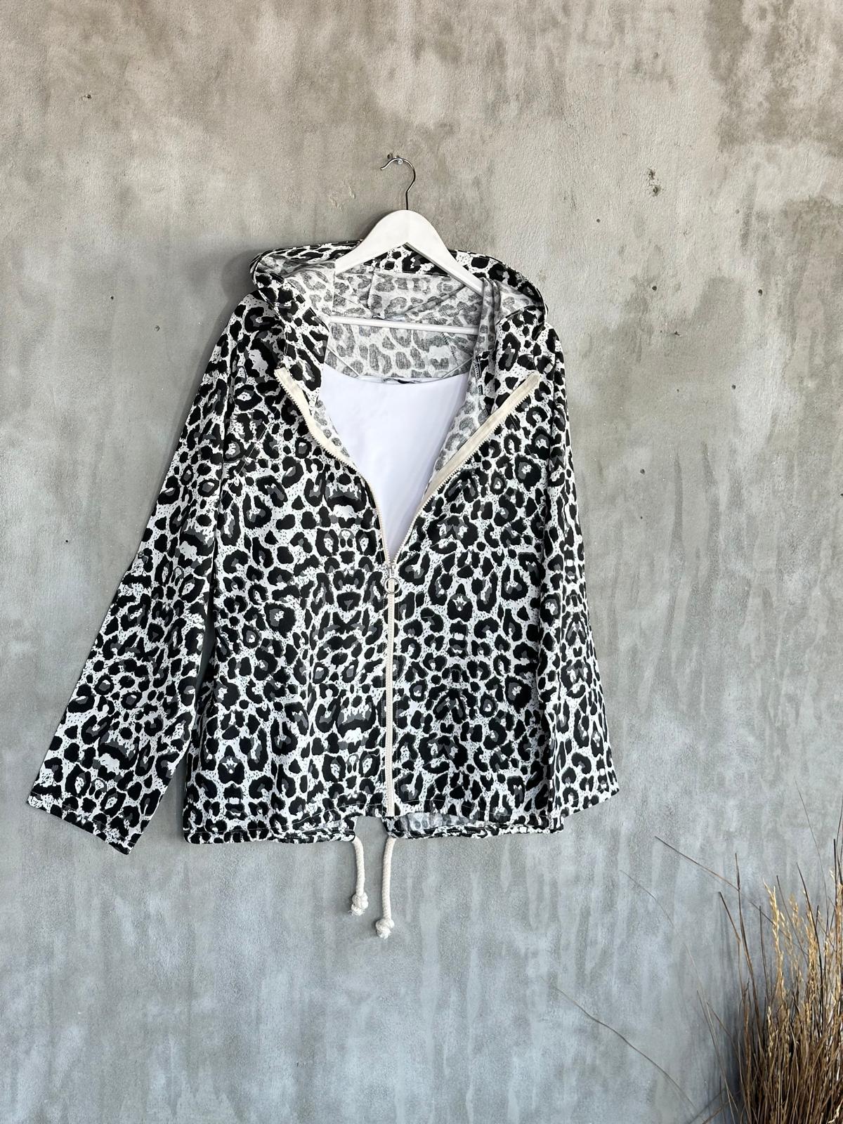 Siyah  Leopar Desen Ham Keten Ceket