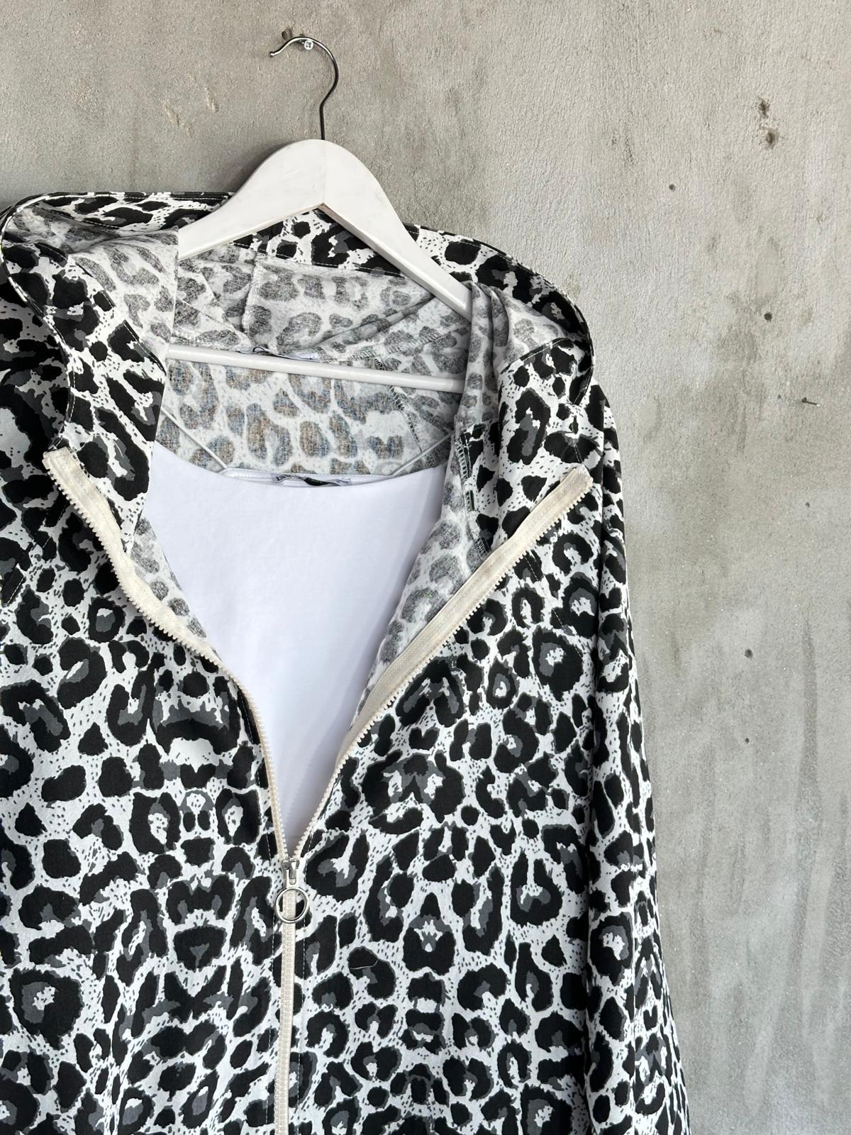 Siyah  Leopar Desen Ham Keten Ceket