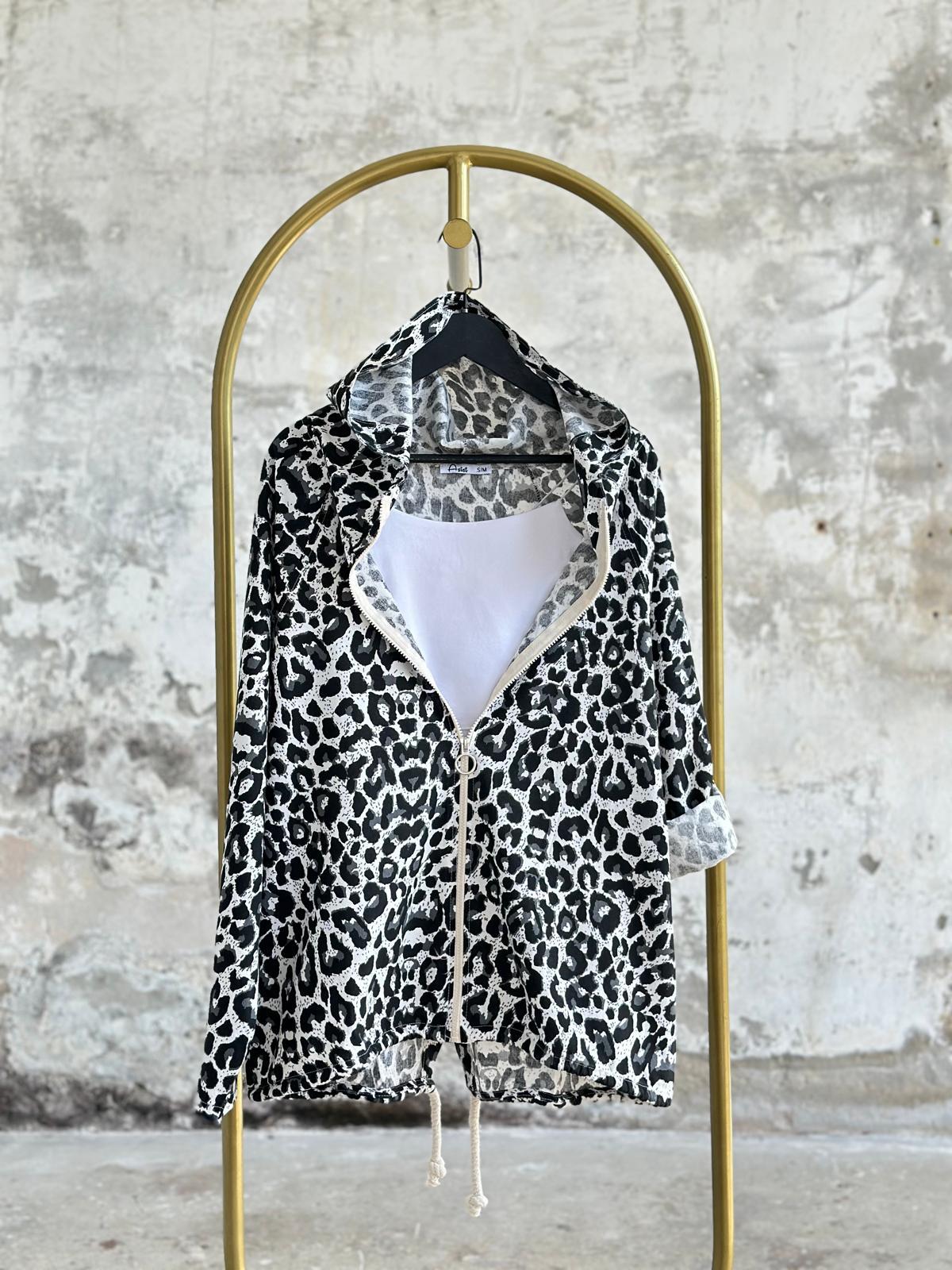 Siyah  Leopar Desen Ham Keten Ceket