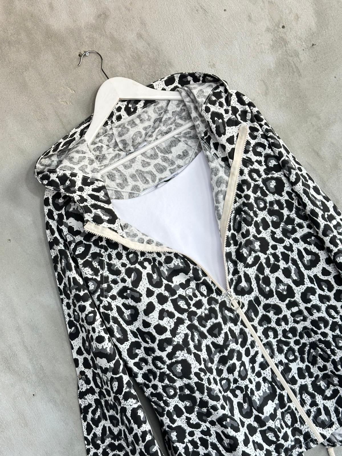 Siyah  Leopar Desen Ham Keten Ceket
