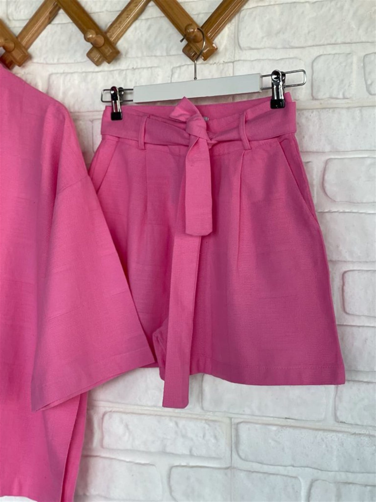 Şort Gömlek Keten Takım (Pembe)