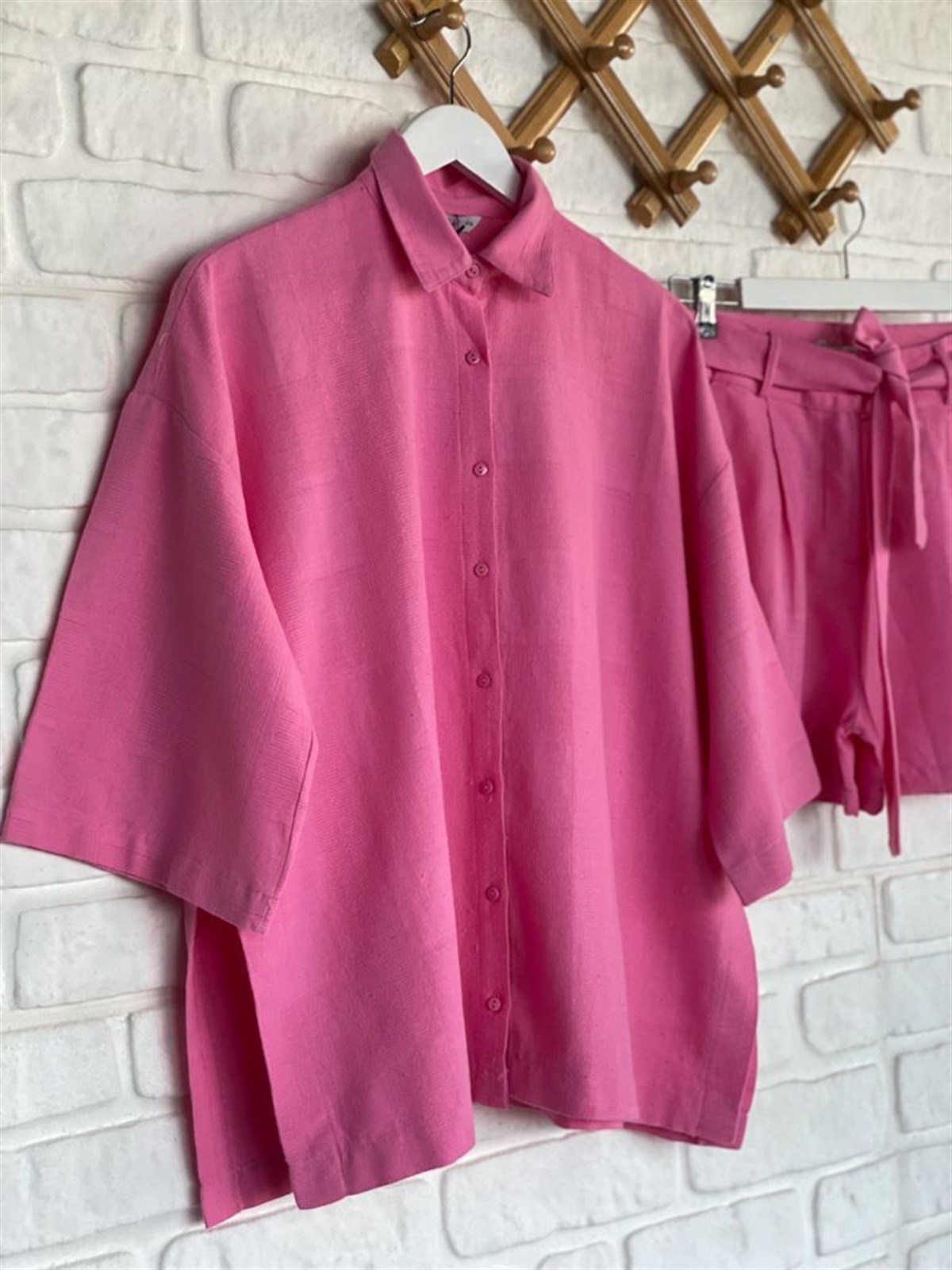 Şort Gömlek Keten Takım (Pembe)