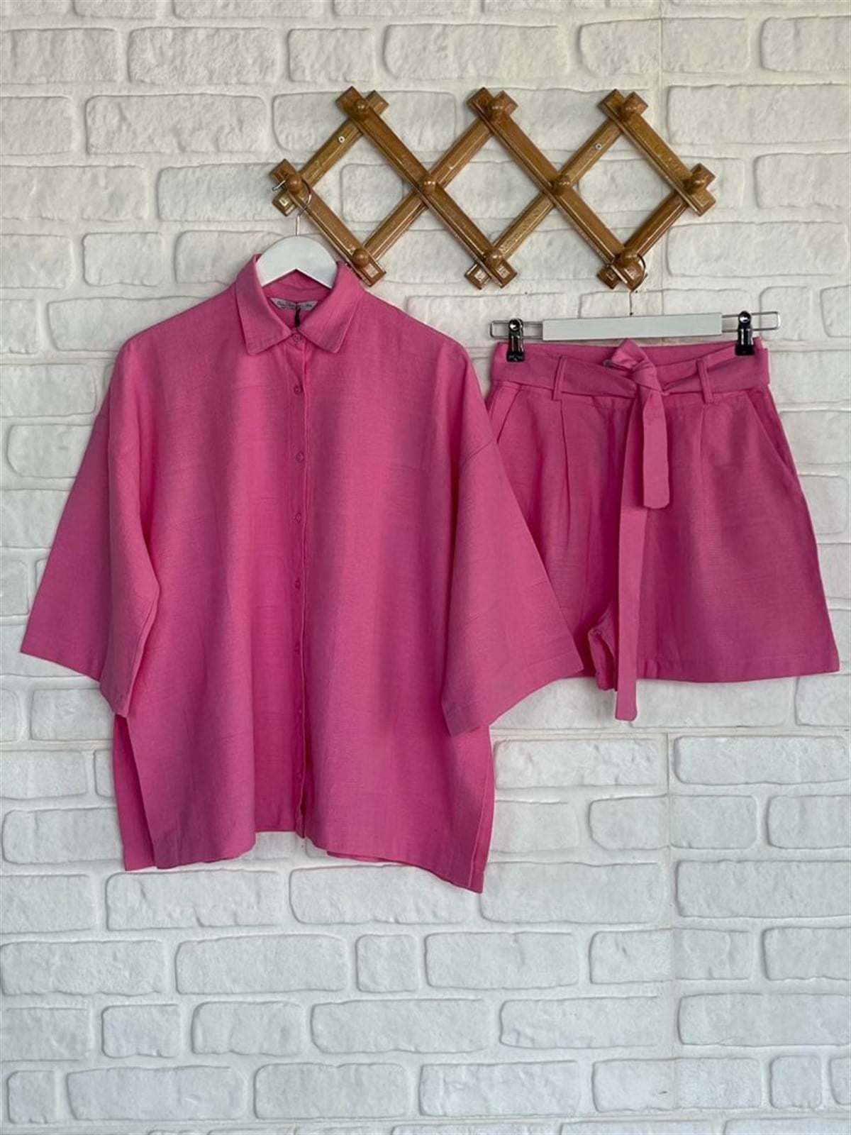 Şort Gömlek Keten Takım (Pembe)