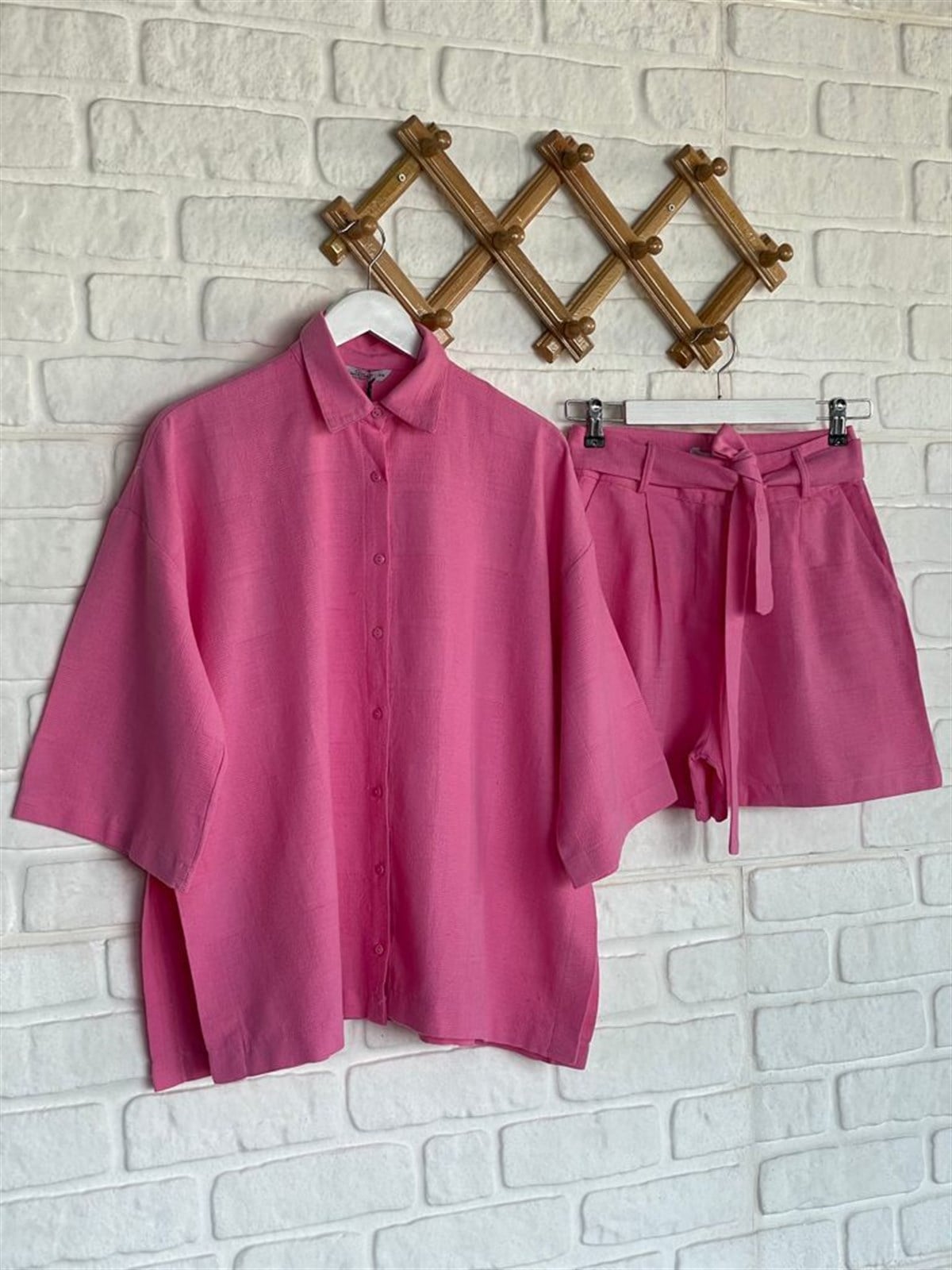 Şort Gömlek Keten Takım (Pembe)