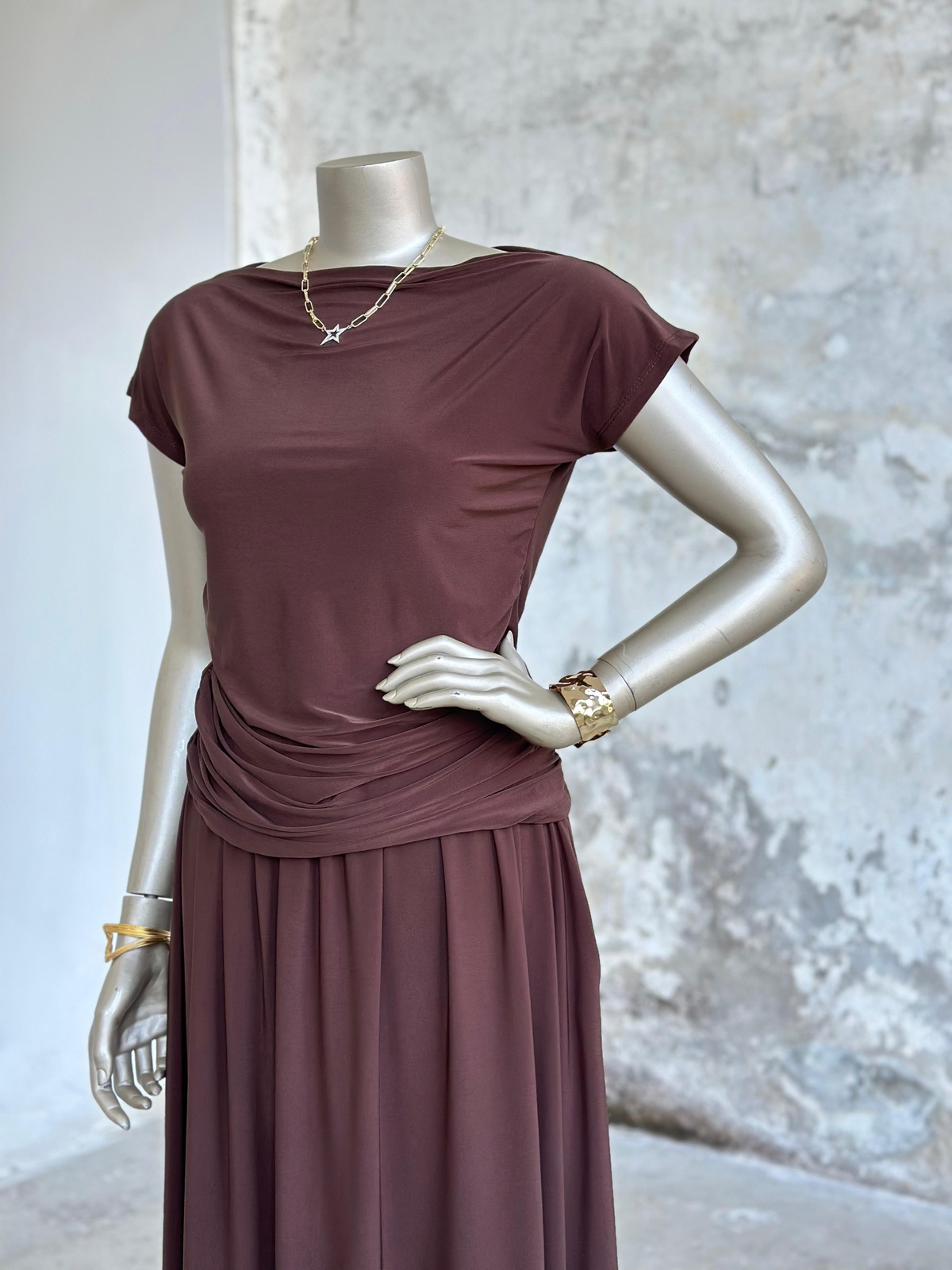 Süprem Kumaş Drape Detaylı Takım (Acı Kahve)