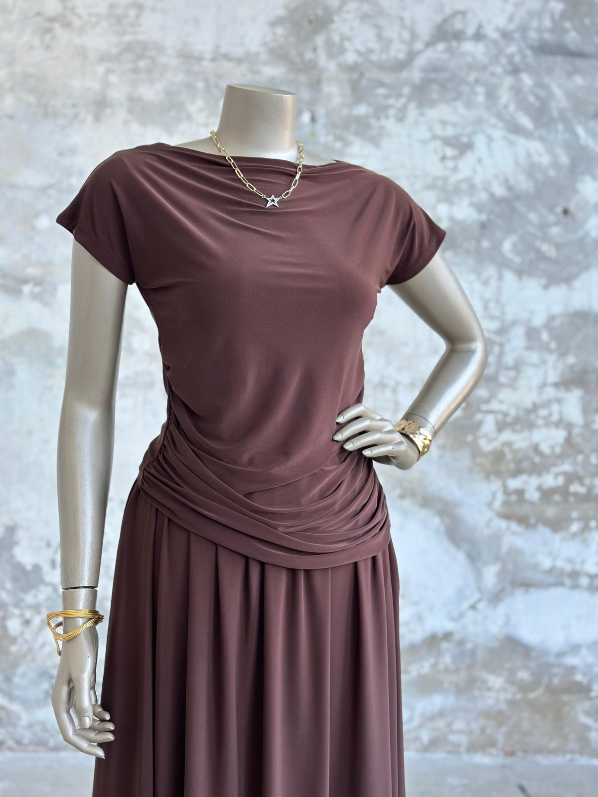Süprem Kumaş Drape Detaylı Takım (Acı Kahve)