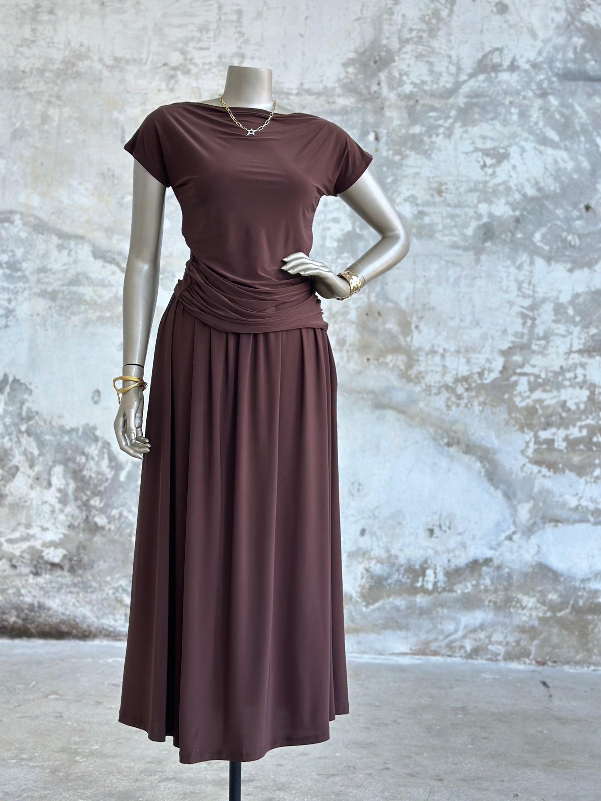Süprem Kumaş Drape Detaylı Takım (Acı Kahve)