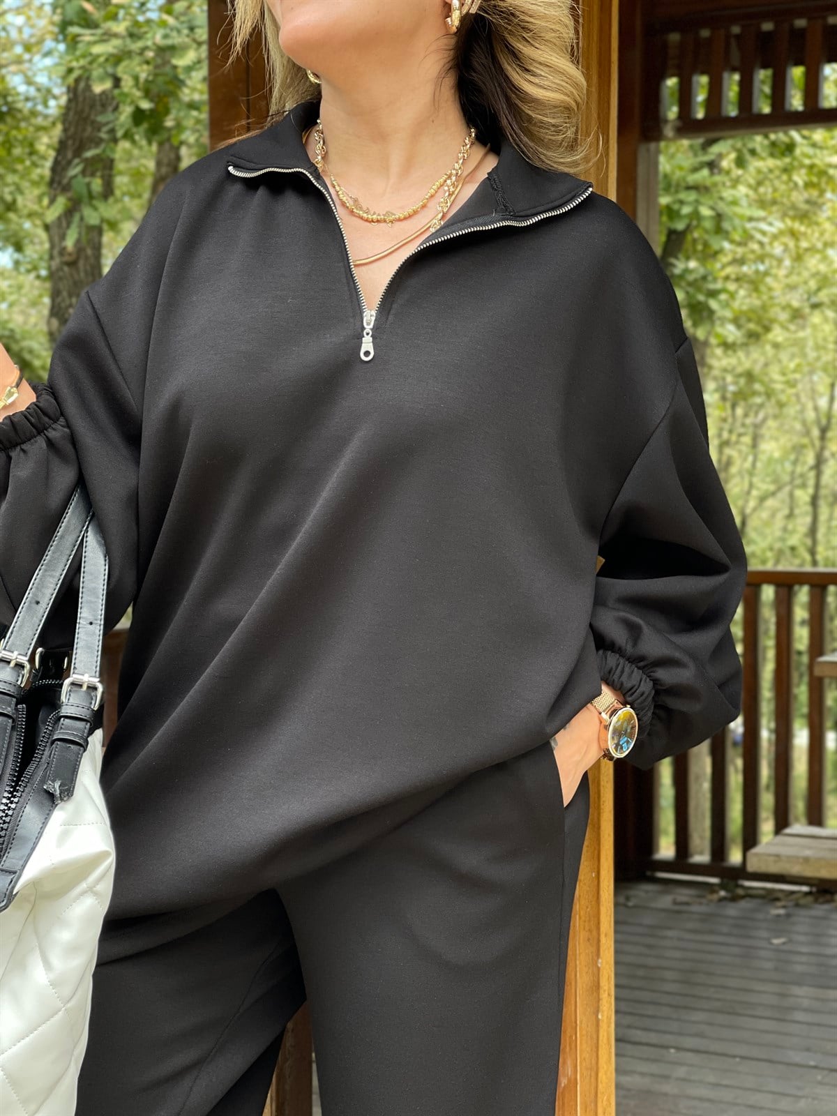 Sweat Yaka Fermuarlı Paça Detaylı Scuba Takım (Beyaz)