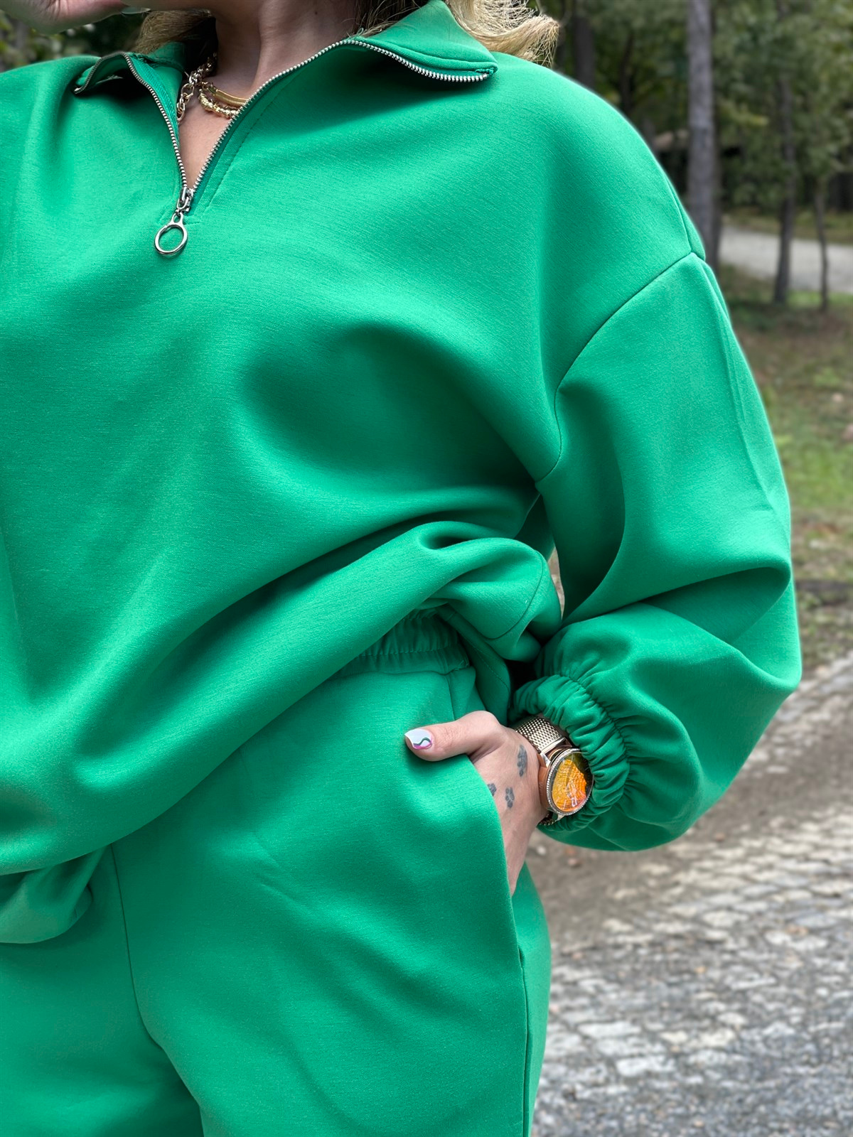 Sweat Yaka Fermuarlı Paça Detaylı Scuba Takım (Yeşil)