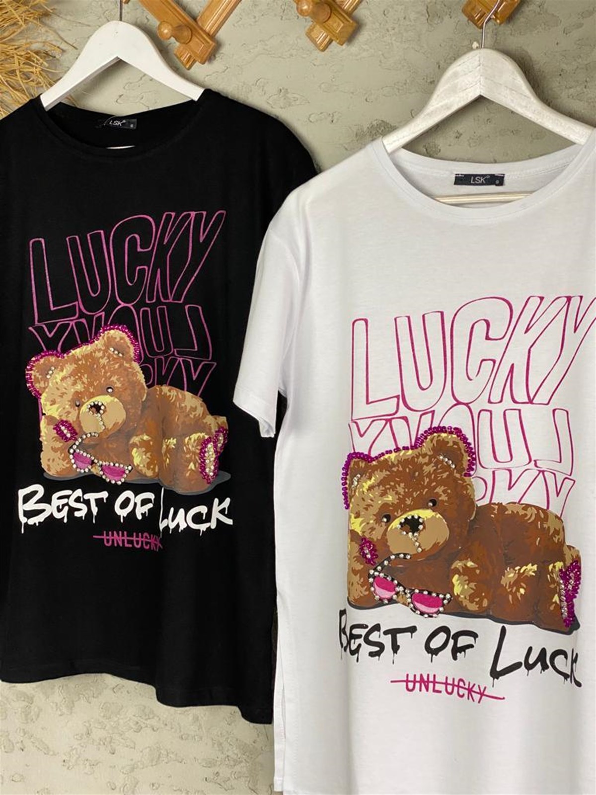 Taş İşçilikli Dinlenen Teddy Bear Tshirt (Siyah/Beyaz)