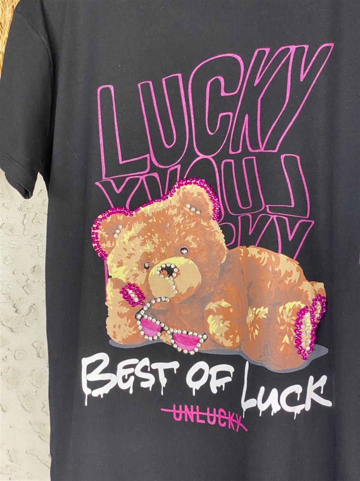 Taş İşçilikli Dinlenen Teddy Bear Tshirt (Siyah/Beyaz)