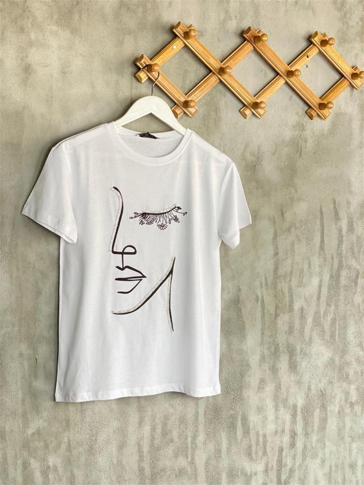 Taş İşlemeli Silüet Desenli Kadın Tişört (Beyaz)