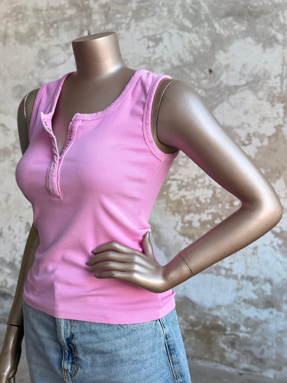 Taş Yıkama Çıtçıtlı Atlet (Pembe)