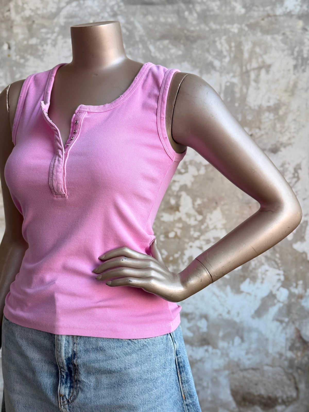 Taş Yıkama Çıtçıtlı Atlet (Pembe)