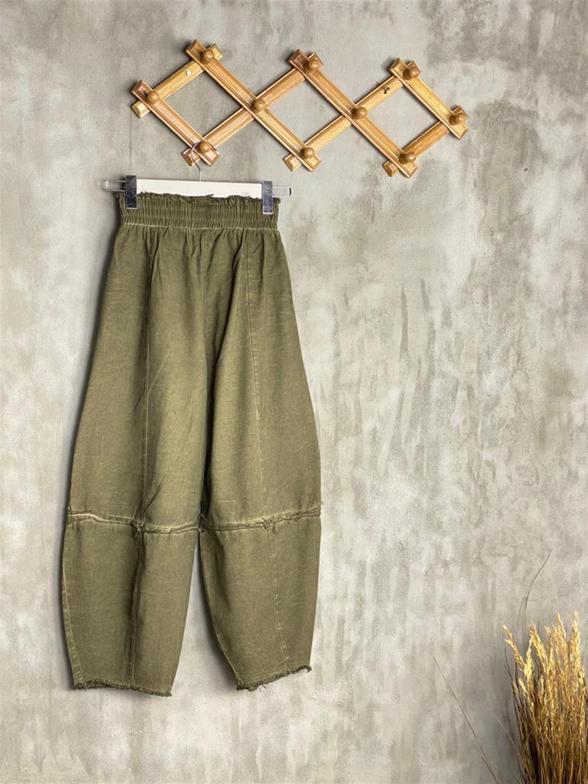 Taş Yıkama Yumuşak Gabardin Kumaş Şalvar Pantolon (Yeşil Melanj)