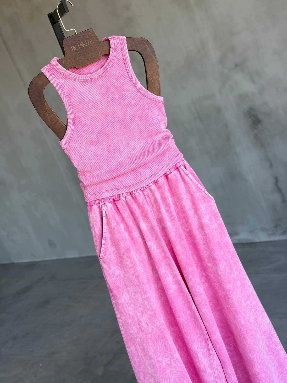 Taş Yıkamalı Halter Yaka Takım (Pembe)