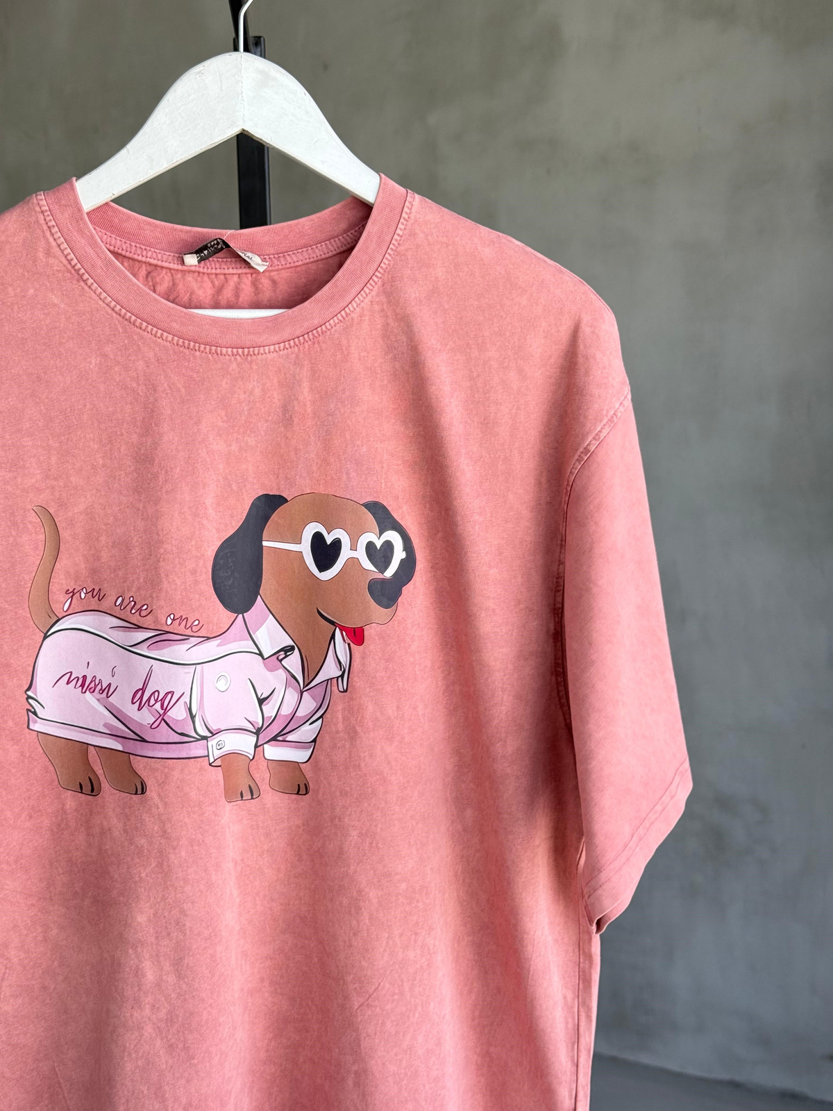 Taş Yıkamalı Oversize Gözlüklü Köpek Baskılı Dokuma Tişört (Kiremit)