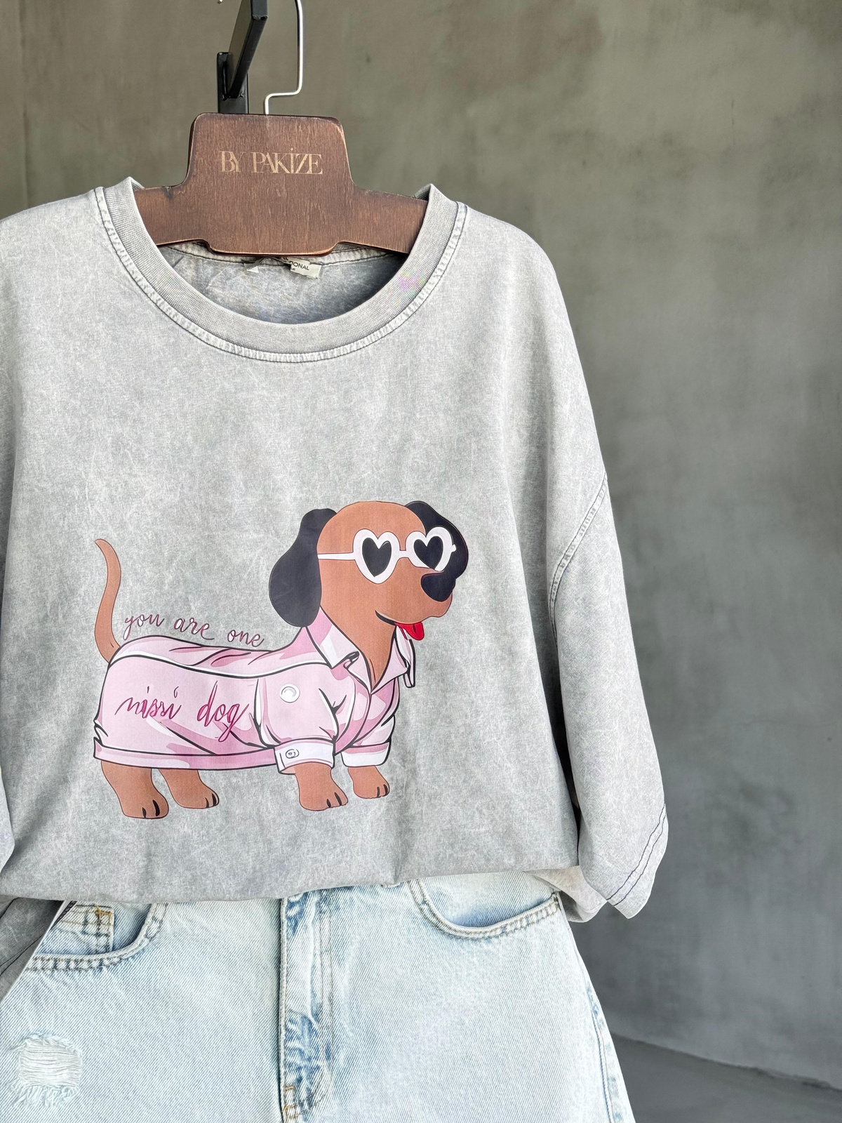 Taş Yıkamalı Oversize Gözlüklü Köpek Baskılı Dokuma Tişört (Gri)