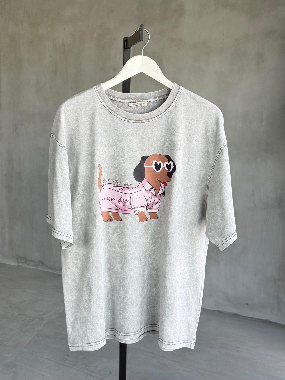 Taş Yıkamalı Oversize Gözlüklü Köpek Baskılı Dokuma Tişört (Gri)