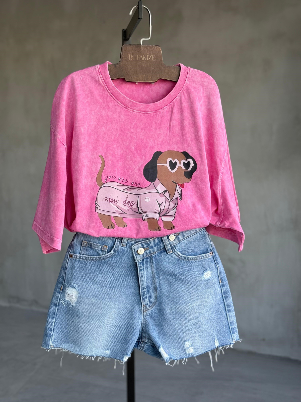 Taş Yıkamalı Oversize Gözlüklü Köpek Baskılı Dokuma Tişört  (Pembe)