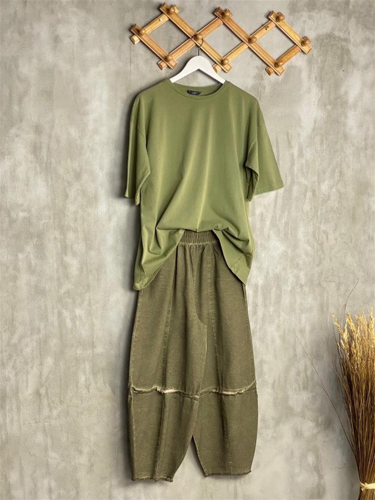 Taş Yıkamalı Oversize Kesim Tişört (Yeşil Melanj)