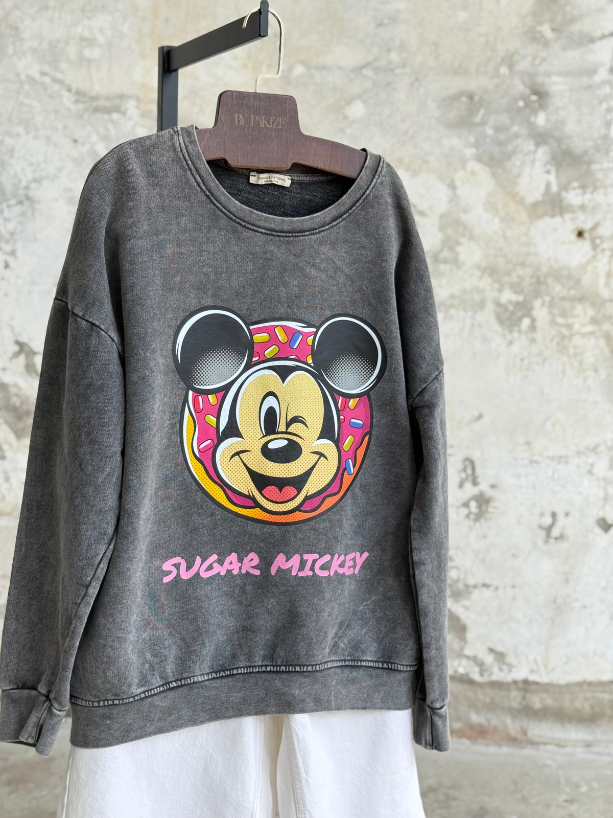 Taş Yıkamalı Oversize Mickey Baskılı Dokuma Sweat (Antrasit)