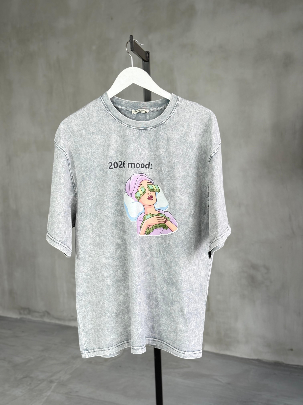 Taş Yıkamalı Oversize Yazı Baskılı Dokuma Tişört  (Pembe)