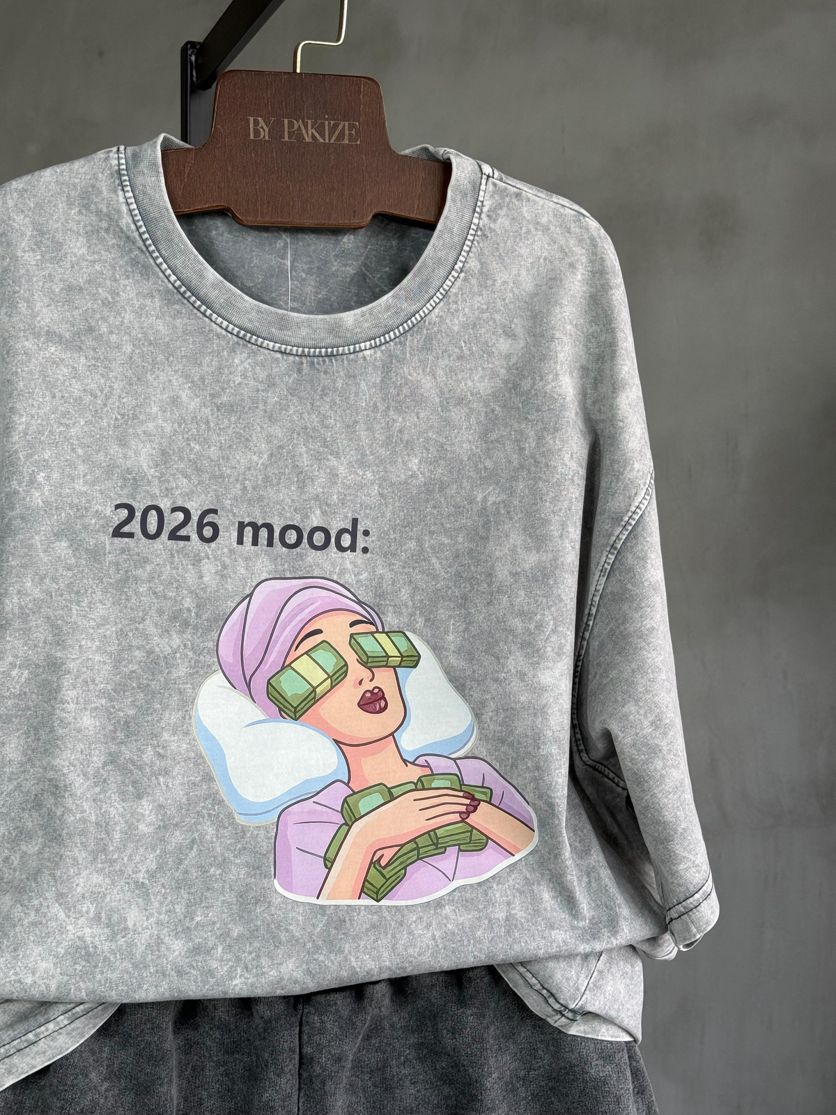 Taş Yıkamalı Oversize Yazı Baskılı Dokuma Tişört  (Pembe)