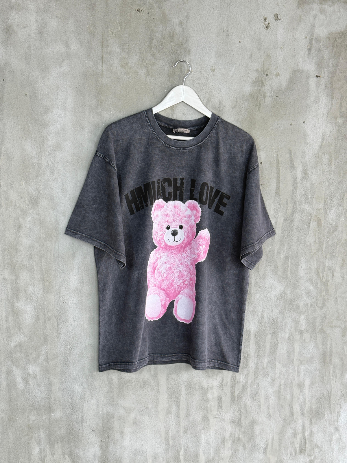 Taş Yıkamalı Teddy Baskılı Oversize Dokuma Tişört (Antrasit)