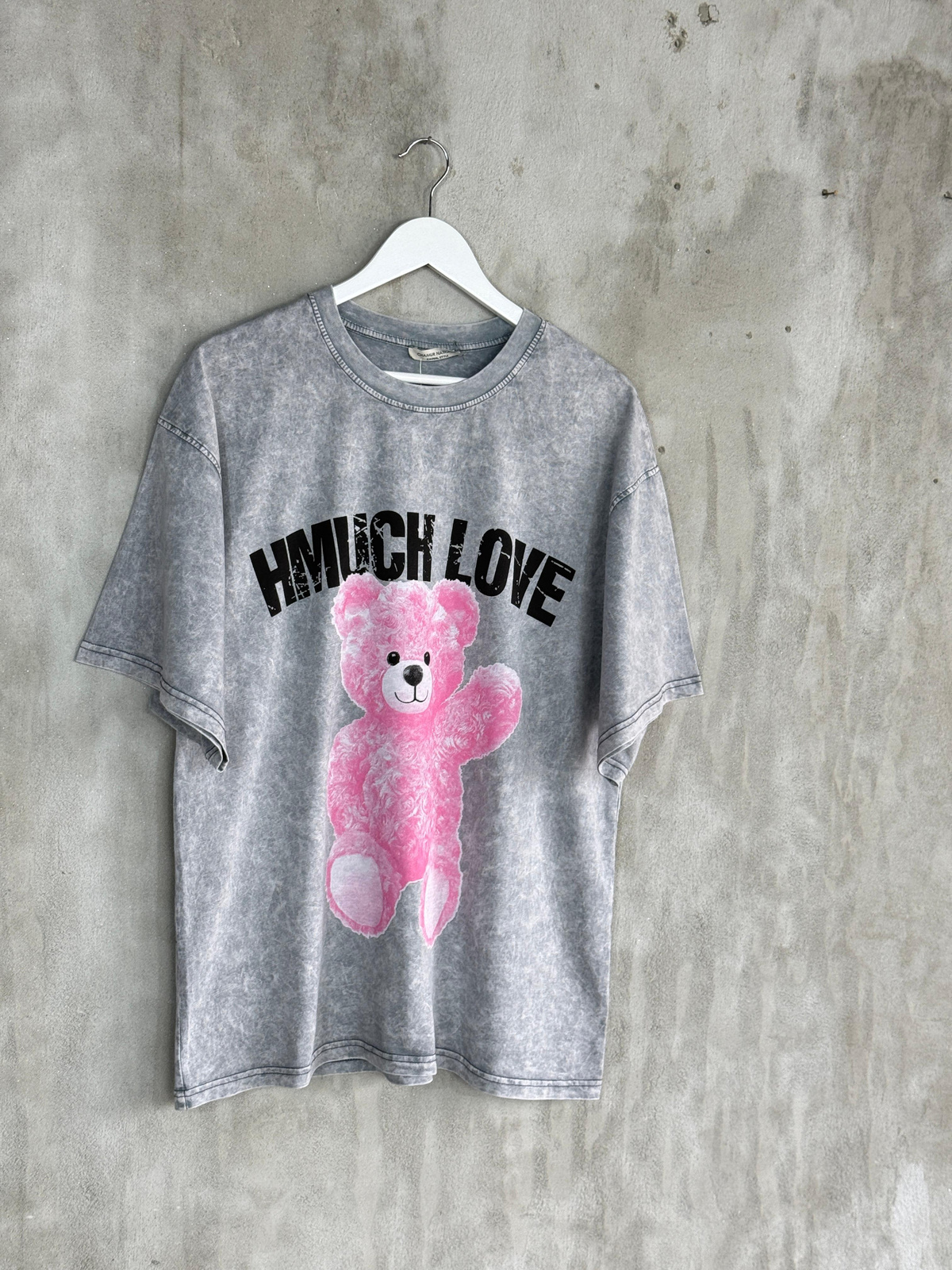 Taş Yıkamalı Teddy Baskılı Oversize Dokuma Tişört (Gri)