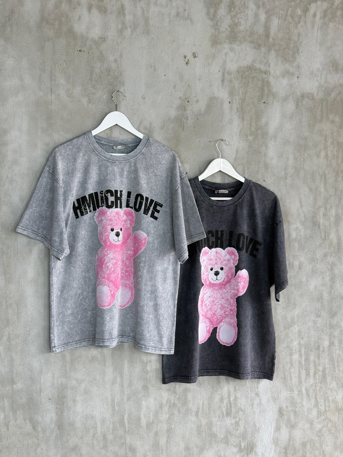 Taş Yıkamalı Teddy Baskılı Oversize Dokuma Tişört (Gri)