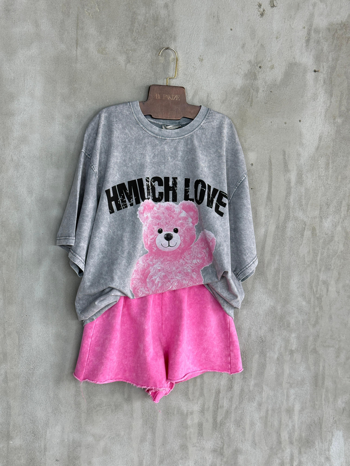 Taş Yıkamalı Teddy Baskılı Oversize Dokuma Tişört (Gri)