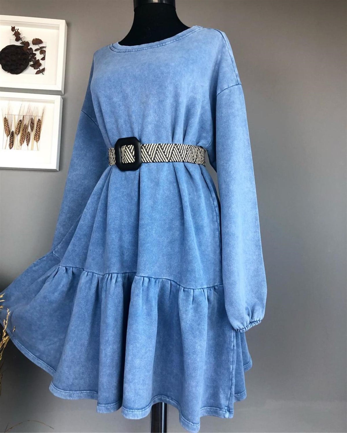Taş Yıkamalı Üçiplik Sweat Kumaş Elbise
