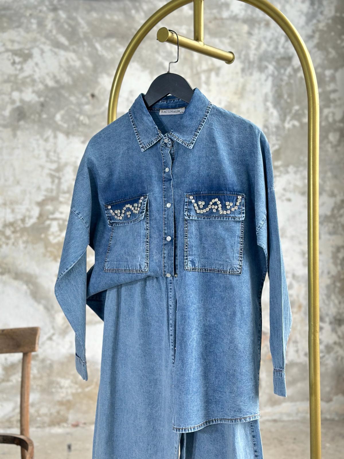 Tasarım Cebi Taş İşçilikli Denim Takım(BUZ MAVİSİ)