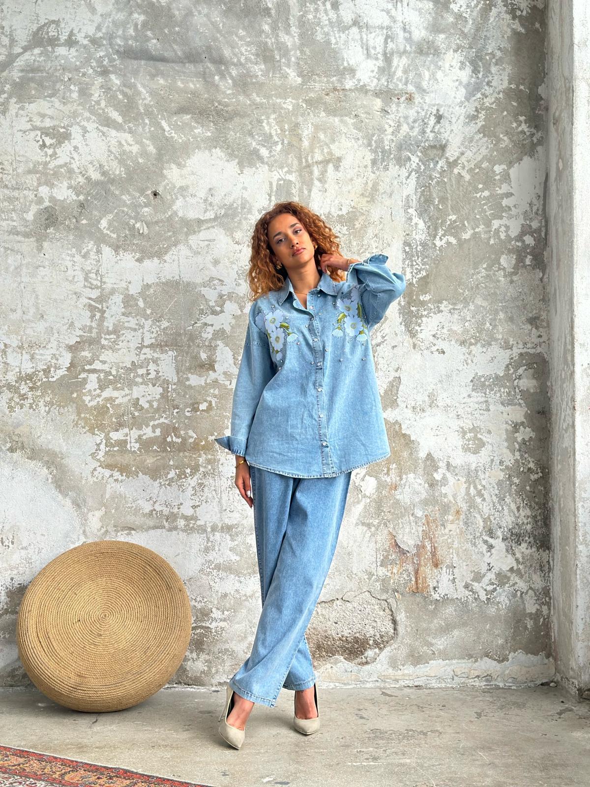 Tasarım Çiçek Nakış Ve Taş İşçilikli Takım (Buz Mavisi)
