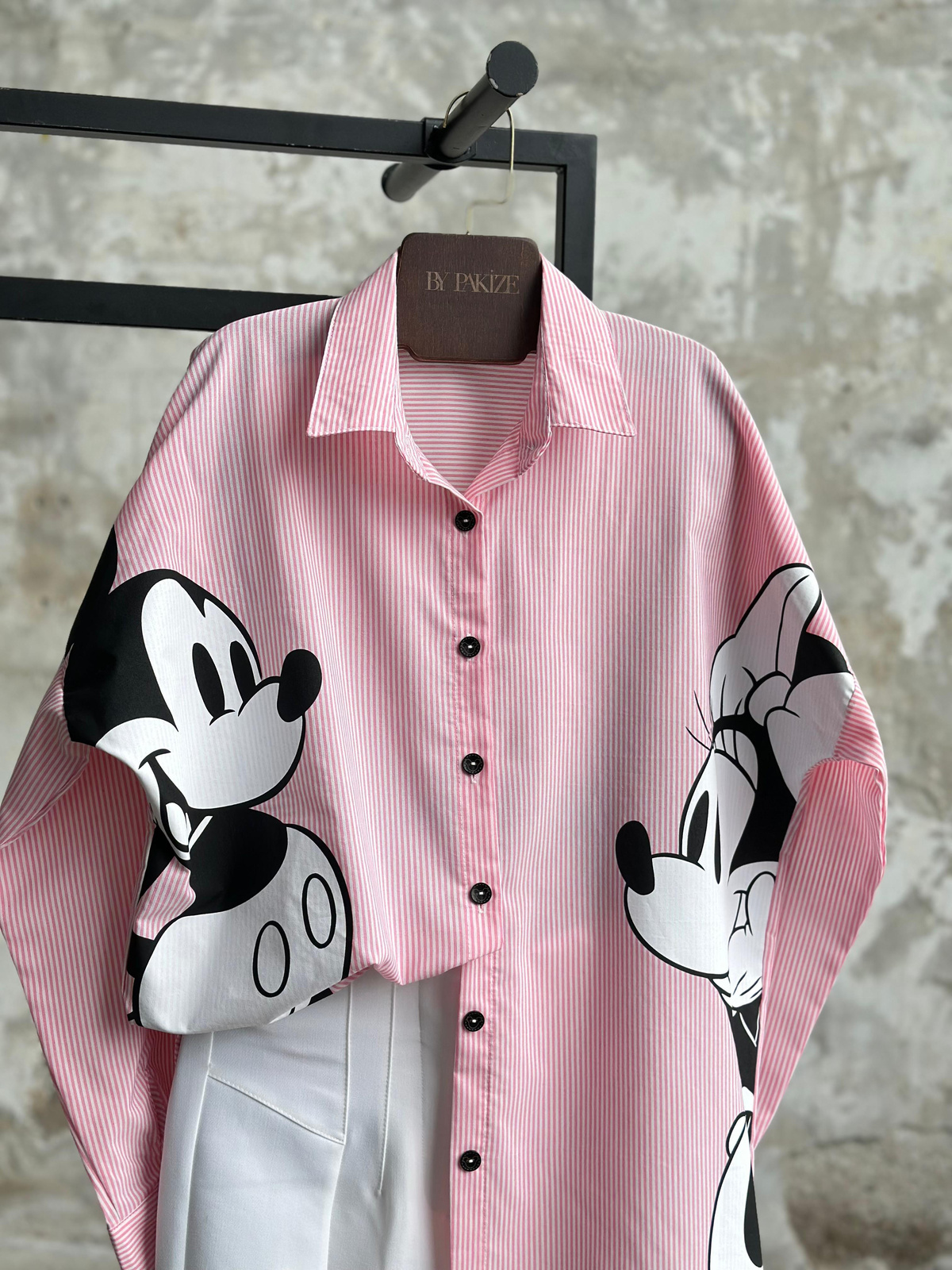 Tasarım Çizgili Mickey Mause Baskılı Boyfriend  Gömlek (Pembe)