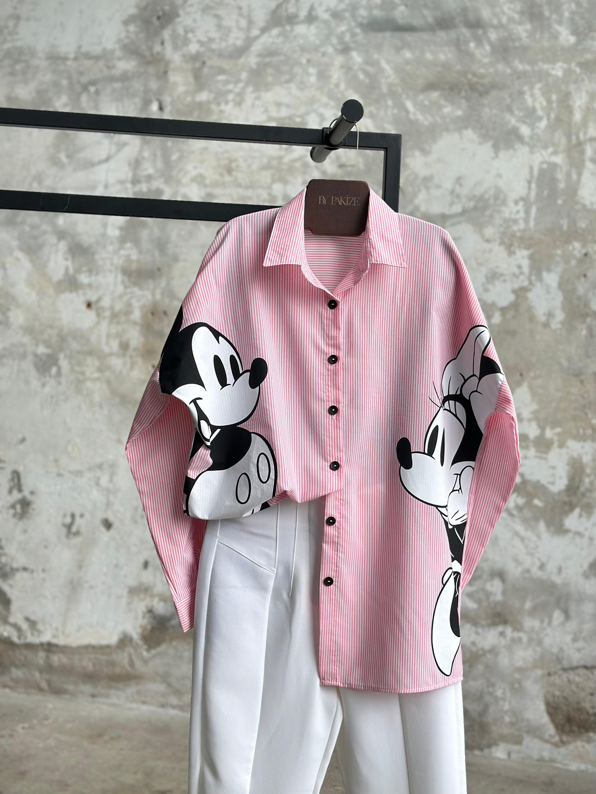 Tasarım Çizgili Mickey Mause Baskılı Boyfriend  Gömlek (Pembe)