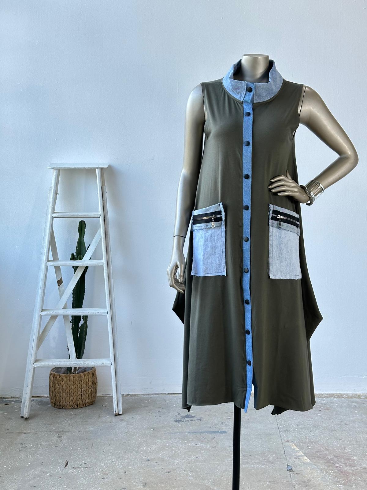 Tasarım Denim Cep Detaylı Elbise (Haki)