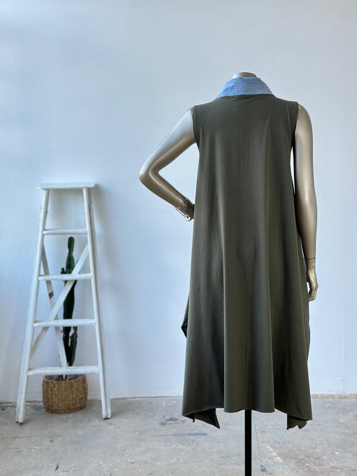 Tasarım Denim Cep Detaylı Elbise (Haki)