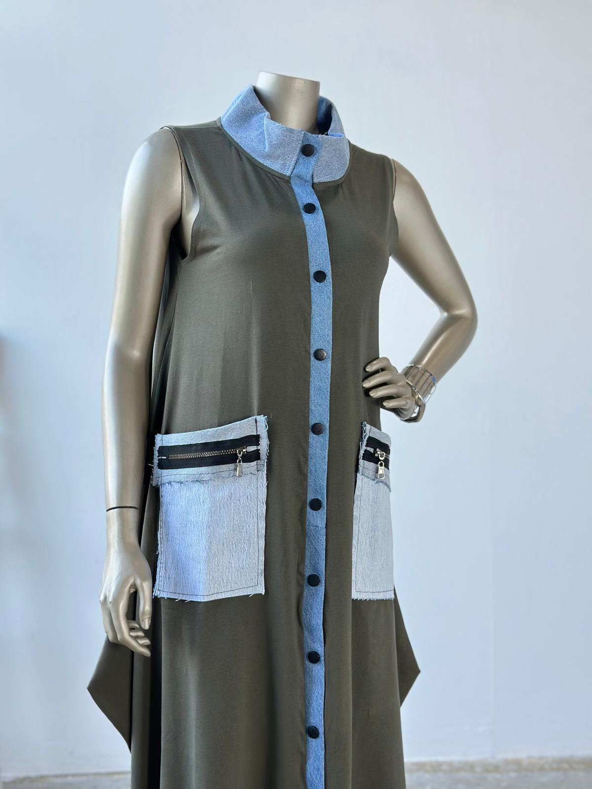 Tasarım Denim Cep Detaylı Elbise (Haki)