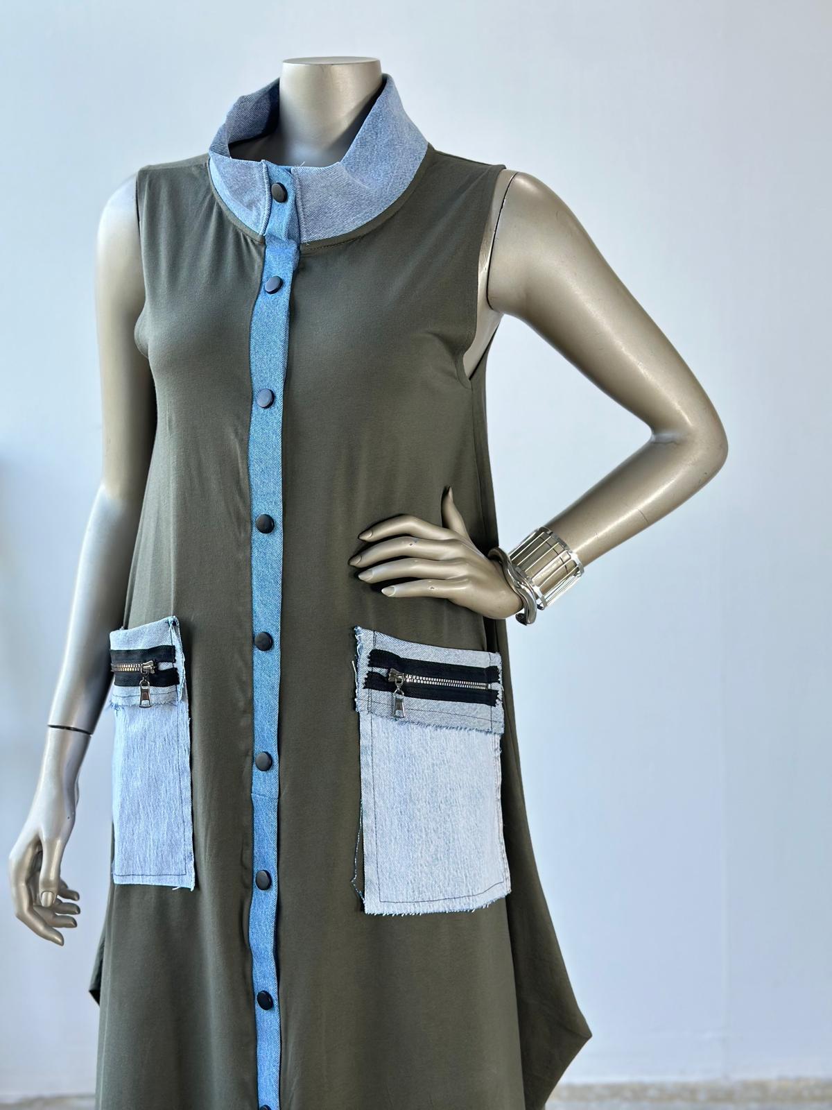 Tasarım Denim Cep Detaylı Elbise (Haki)